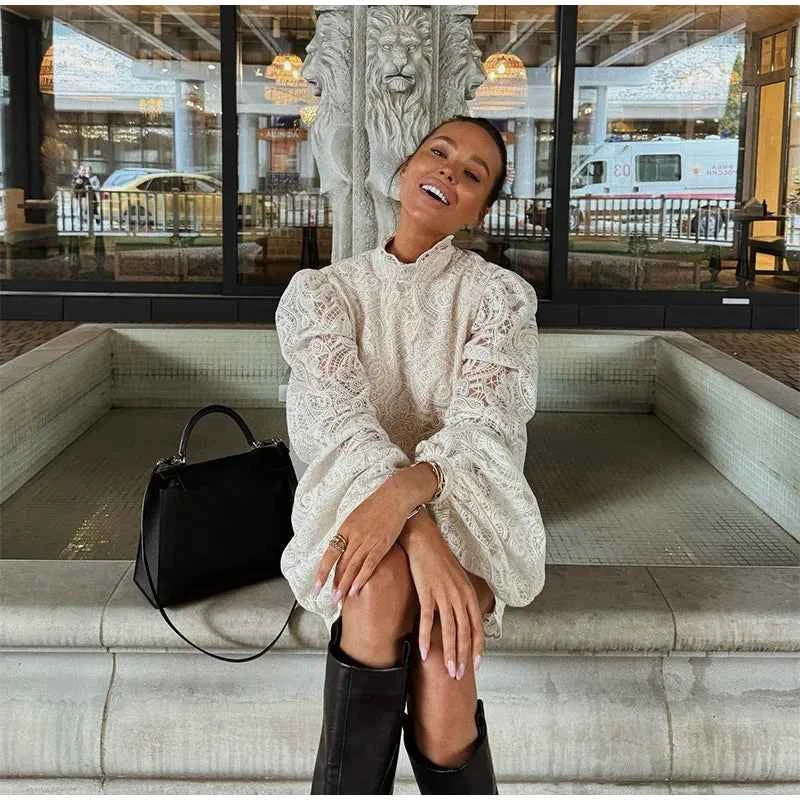 Trendy Lady Hollow Out Lace Mini Dress Elegant 2025 New Long Sleeve Designs Chic High Neck Short Vestidos Autumn Club Night Gown
