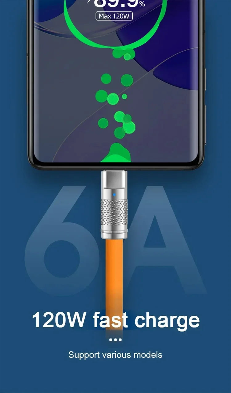 120W 6A Cable  Super Fast Charge PD Type C Liquid Silicone Cable 1M 1.5M 2M Cable C To C Quick Charger Cable for Xiaomi iPhone