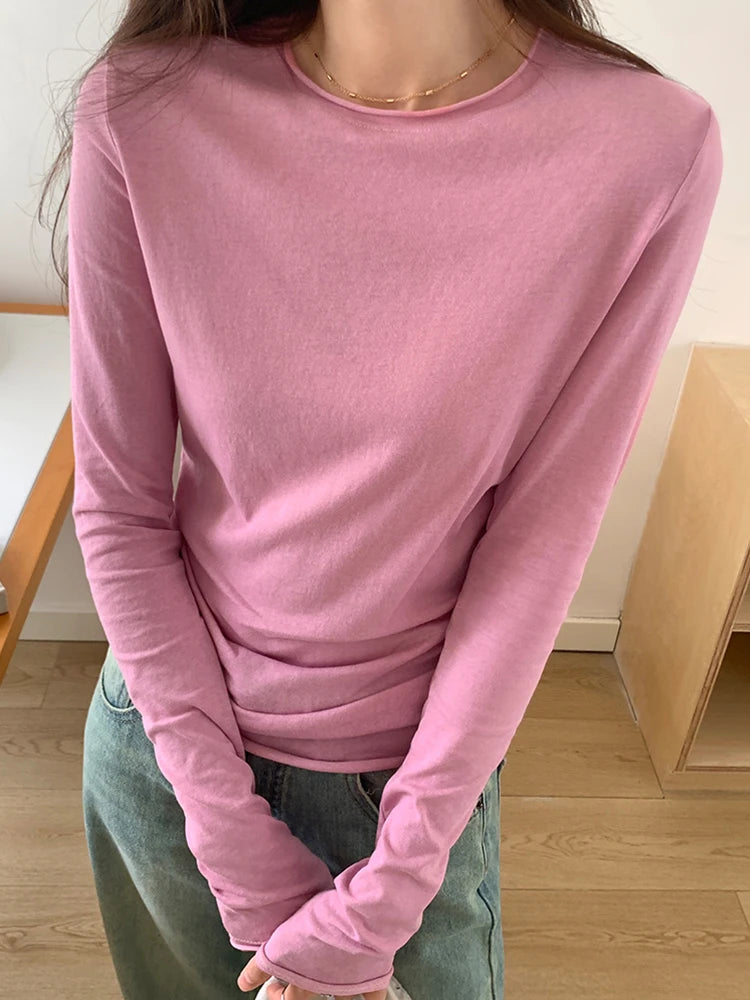Spring Autumn T shirt Women Tops Solid Long Sleeve Ruched O Neck Tshirts Female Korean Casual Streetwear High Quality Base Tees