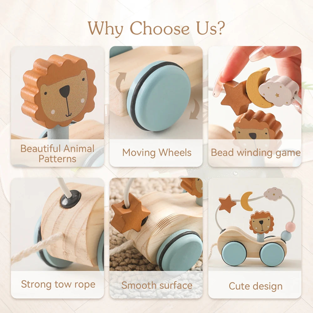 Montessori Holz Baby Anhänger Spielzeug Multifunktionale Bunte Cartoon Bausteine Ziehen Auto Eltern Kind Spielzeug Baby Geschenk