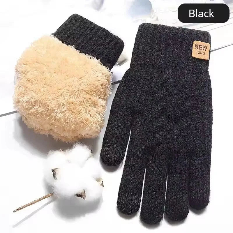Velvet Touch Screen Gloves Fashionable Black Woven Winter Gloves Men's and Women's Warm and Hot Typing Gloves