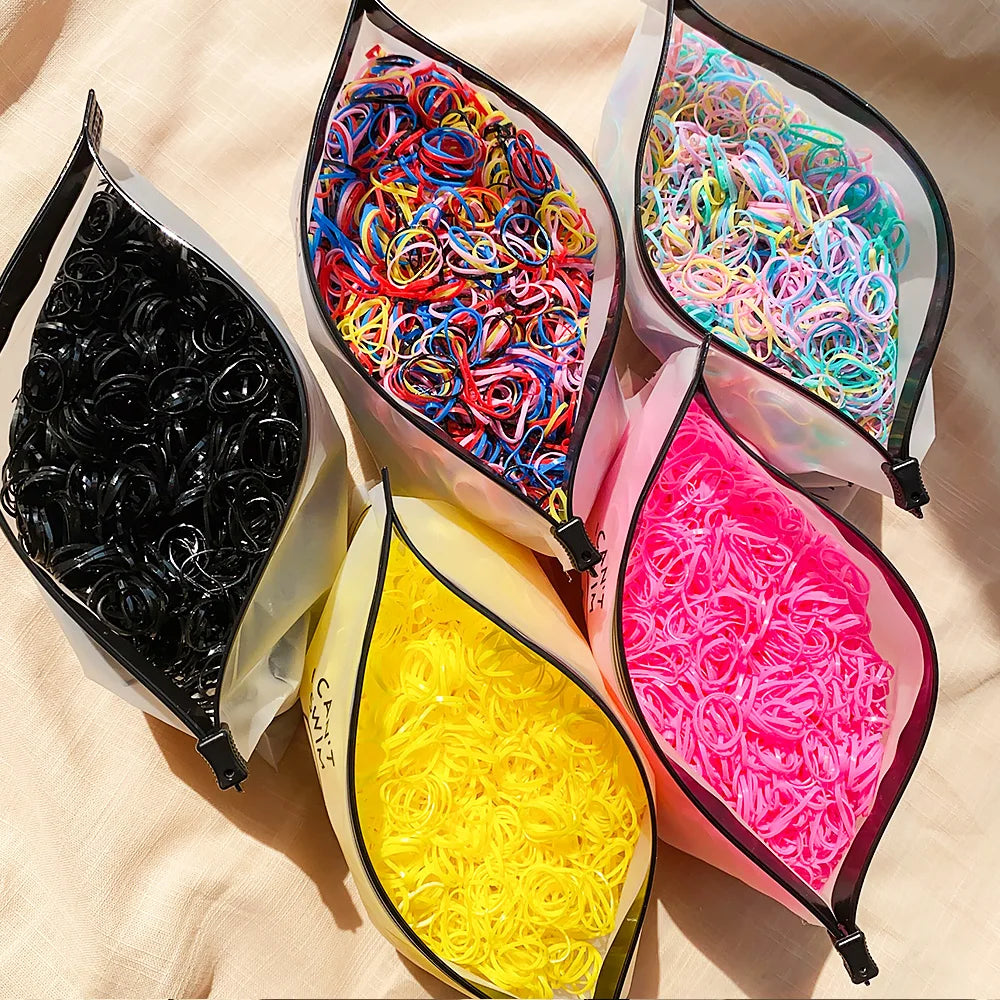 500/1000/2000 pièces élastiques en caoutchouc colorés jetables pour filles, serre-tête, attaches de queue de cheval, accessoires capillaires pour enfants