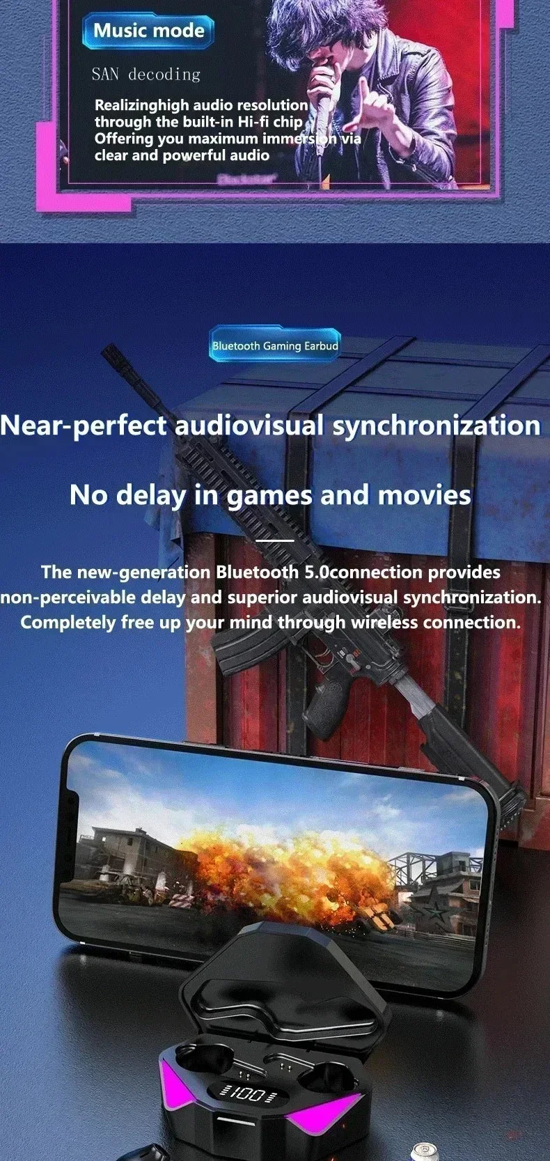 Bluetooth TWS Gaming Earphones Low Latency Wireless In-Ear Headphones With Built-in Mic LED Indicator Lights