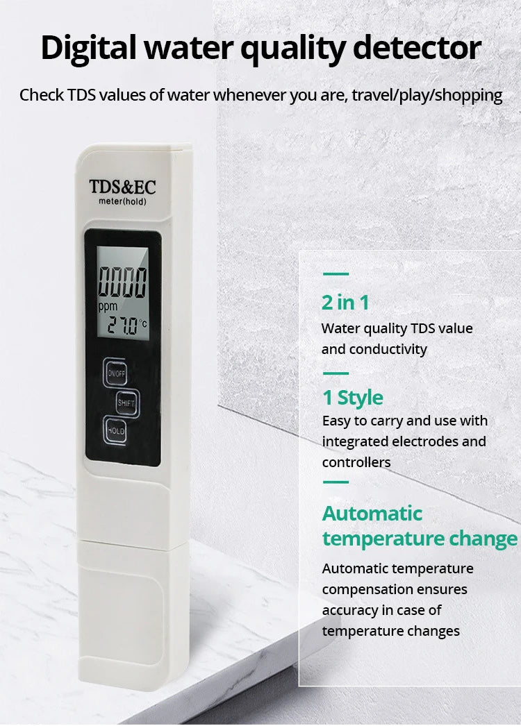 1pc White Handheld TDS Digital Water Tester High Precision Household Purified Tap Water Multifunctional Large Screen Display