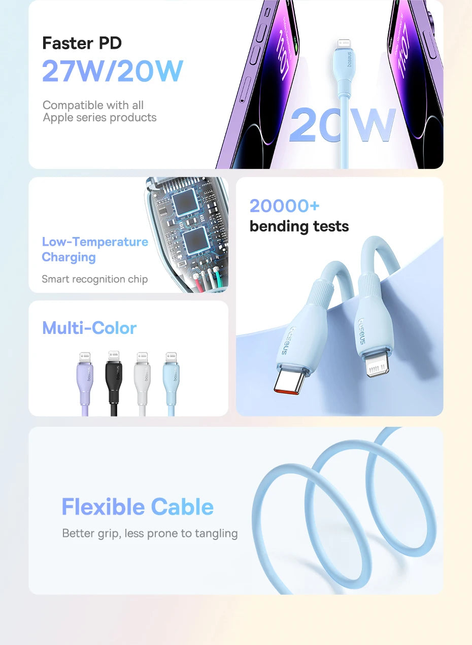 Baseus TPE 20W USB C Cable For IPhone 14 13 12 11 Pro Max XS Fast Charging Cable Type C To Lighting Date Wire For iPad Macbook