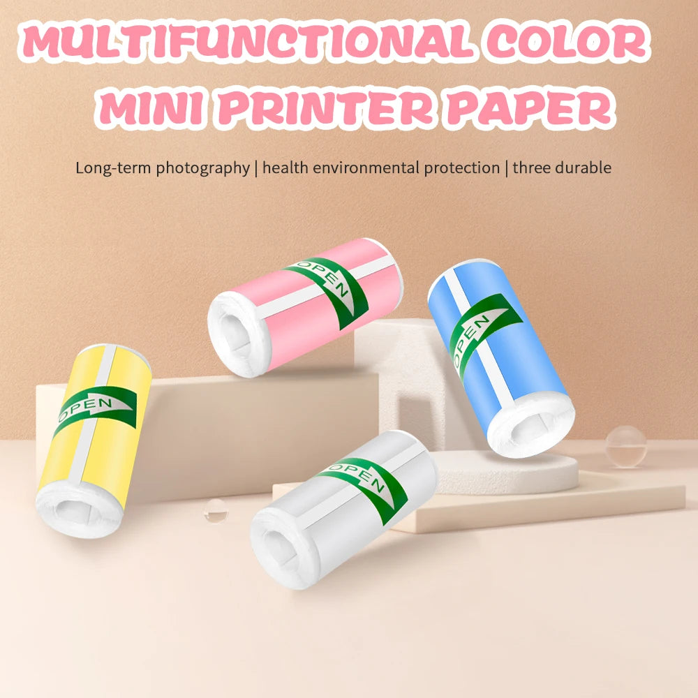 57*25MM Mini Printer Thermal Paper HD Self-adhesive Roll Paper Label Sticker Photo Inkless Printing Portable Printer Color Paper