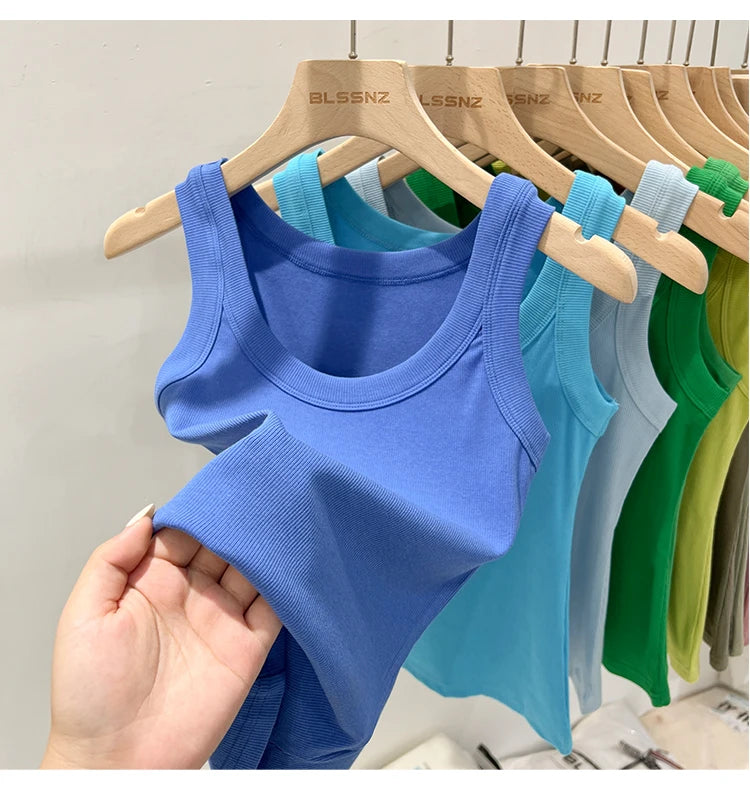 zjaiss Women Solid Round Neck Ribbed Tank Top Camisole Women 2026 Summer Basic Elastic Tank Top O Neck Solid Tank Top