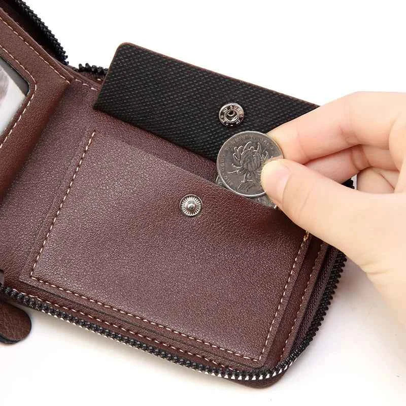Men's PU Waxed Oil Leather Wallet Short Bifold Coin Purse with All-Around Zipper for Cash And Cards