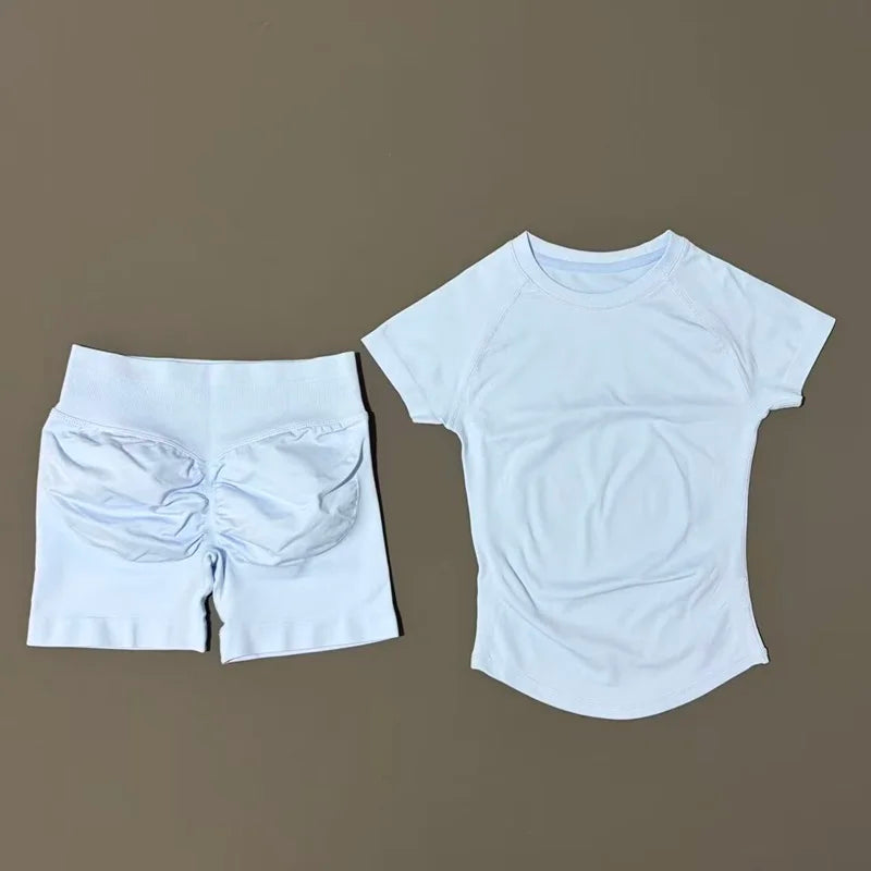 2 Pcs HISTELLO Sports Gym Sets Short Sleeve Seamless Yoga Clothing Fitness Set Women Workout Running Sports Short Leggings Suit