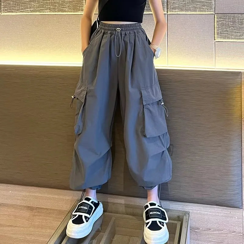 Girls Loose Joggers Pants Teen Casual Straight Cargo Trousers Fashion Children Pockets Design Streetwear Big Kids Pants 5-14 Yea