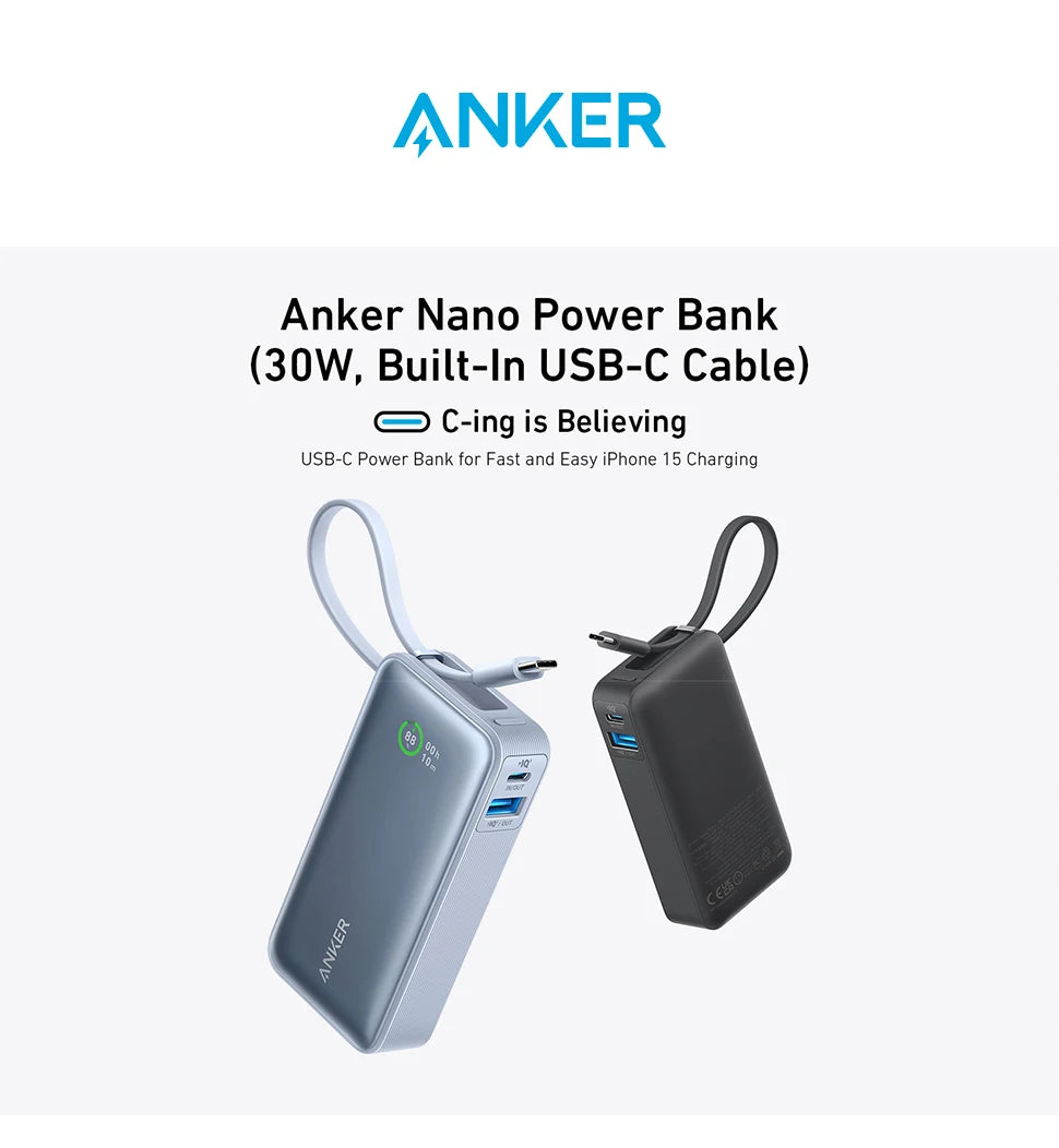 Anker Nano Power Bank 10000mAh PD 30W Spare Battery Portable Power Bank 10K Portable Charger with USB-C Cable for iPhone 17 - Shoppiline