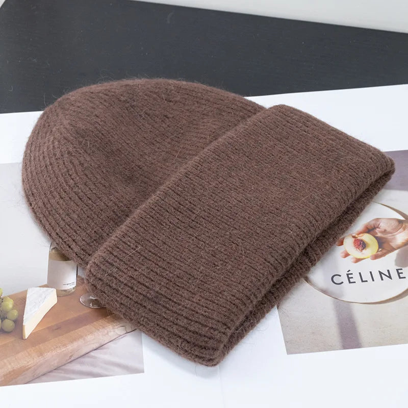 Bonnets d'hiver pour femmes en fourrure de lapin tricotés, bonnets épais à revers, bonnets amples et doux pour le ski.