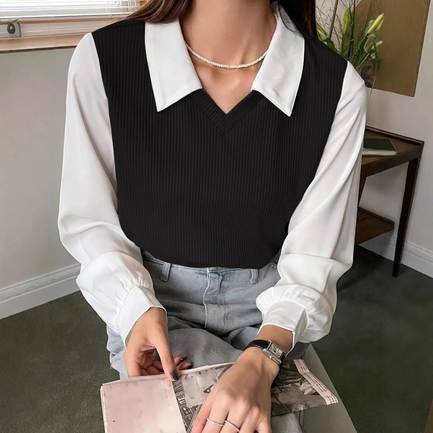 Summer Blouse Women Korean Style False Two-piece Polo Collar Blouses Y2k Tops Streetwear Loose Youth Pullovers Elegant Shirt