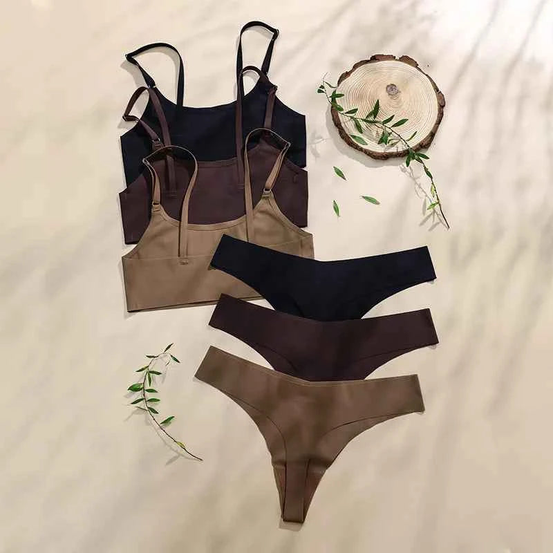 Hot Sale High Quality Latest Design Us Size Stylish Solid Ice Silk Seamless Wireless Bras And Women Underwear Set
