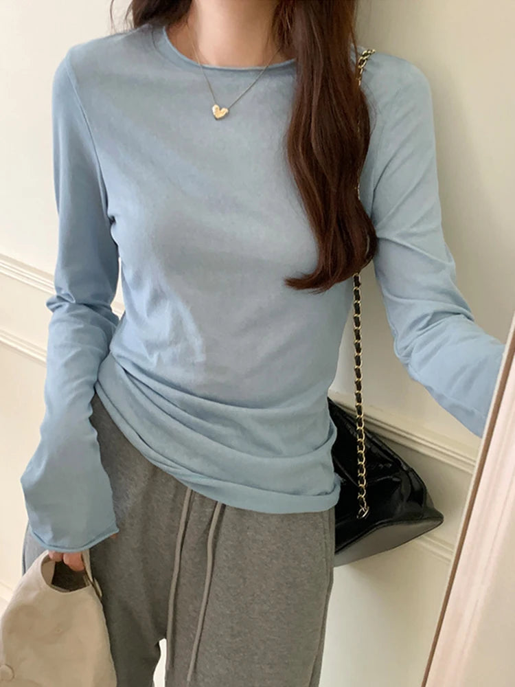 Spring Autumn T shirt Women Tops Solid Long Sleeve Ruched O Neck Tshirts Female Korean Casual Streetwear High Quality Base Tees