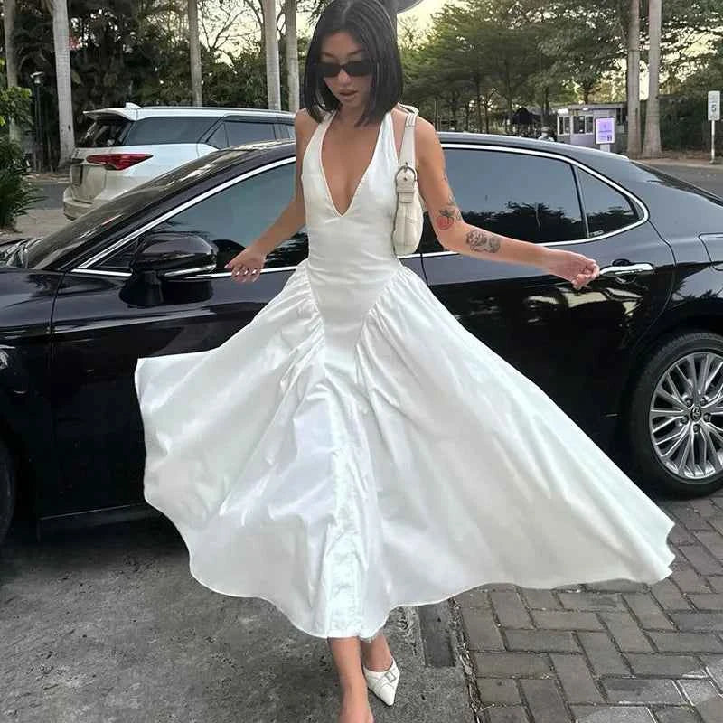Ladies Summer Evening Party New Fashion Dress Women Sleeveless Backless V-Neck Sexy Birthday  Long Dresses 2025 Woman Streetwear