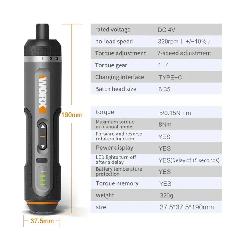 Worx 30 Bit Sets Power Tools WX242 Electrical Screwdriver Set Smart Cordless Drill Screwdrivers USB Rechargeable Set Home Repair - Shoppiline