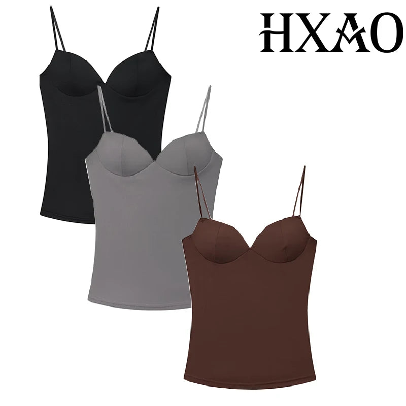 HXAO Sleeveless Crop Tops For Woman Corset Camisole Brown Top Women Bodycon Backless Sexy Tops With Straps Bustier Tank Tops