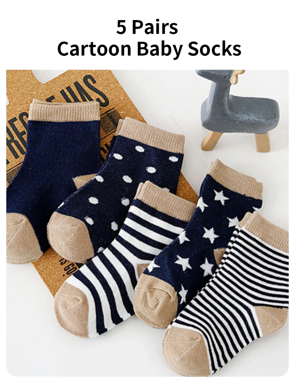 5 Paar Cartoon-Babysocken Frühling Herbst Streifen Punkte Mädchen Jungen Söckchen Weiche Kleinkind Kinder Kurze Socken