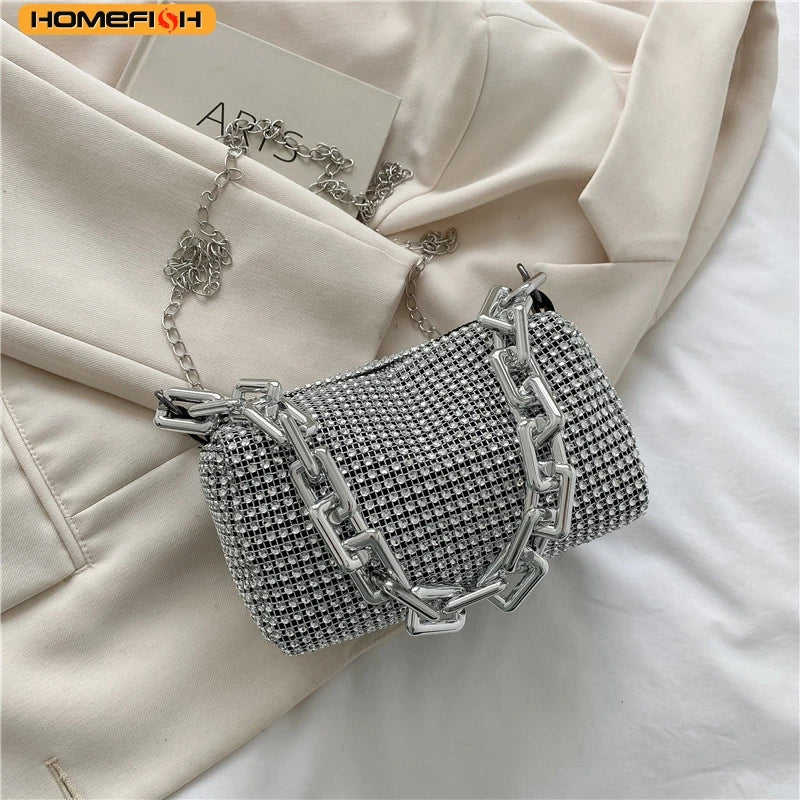 HOMEFISH Allover RhiHOMEFISH nestone Bucket Bag, Glitter Chain Prom Purse, Women's Mini Crossbody Bag