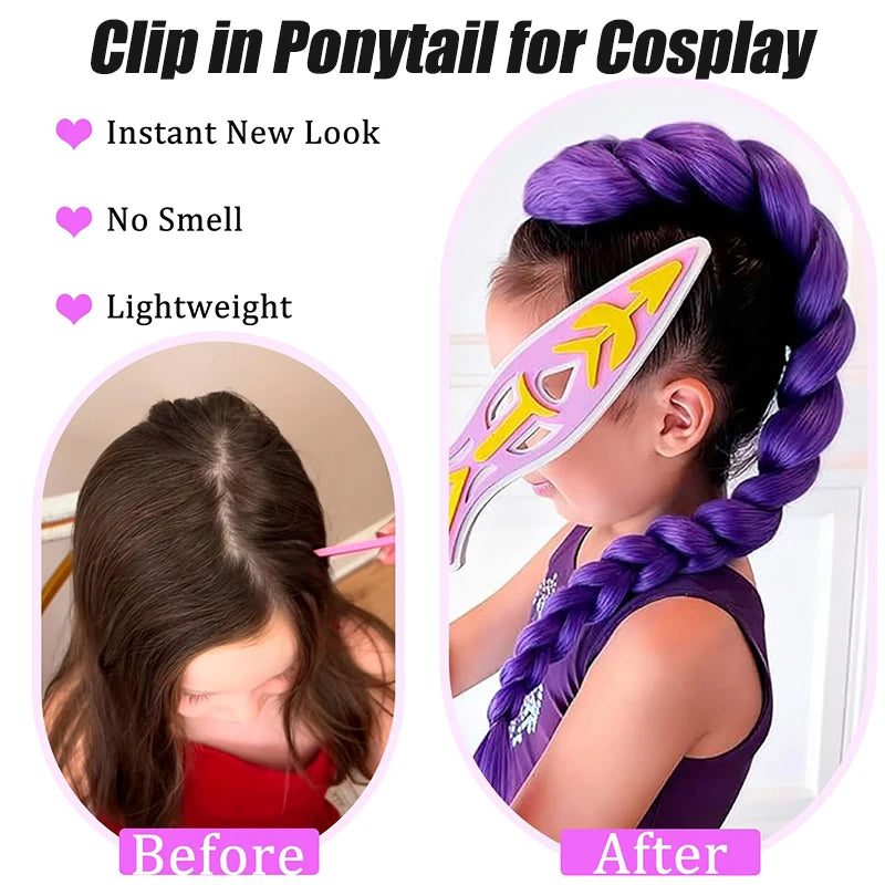 Synthetic 26inch Long Braided Purple Hair Ponytail Rumi Costume Hairstyle Ponytail with Clips for Kids Girls Halloween Christmas
