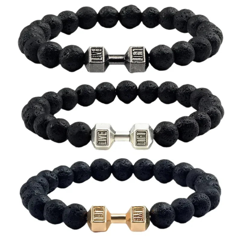 Natural Black Volcanic Lava Stone Dumbbell Bracelet Black Matte Beads Bracelets For Women Men Fitness Barbell Jewelry Pulseras