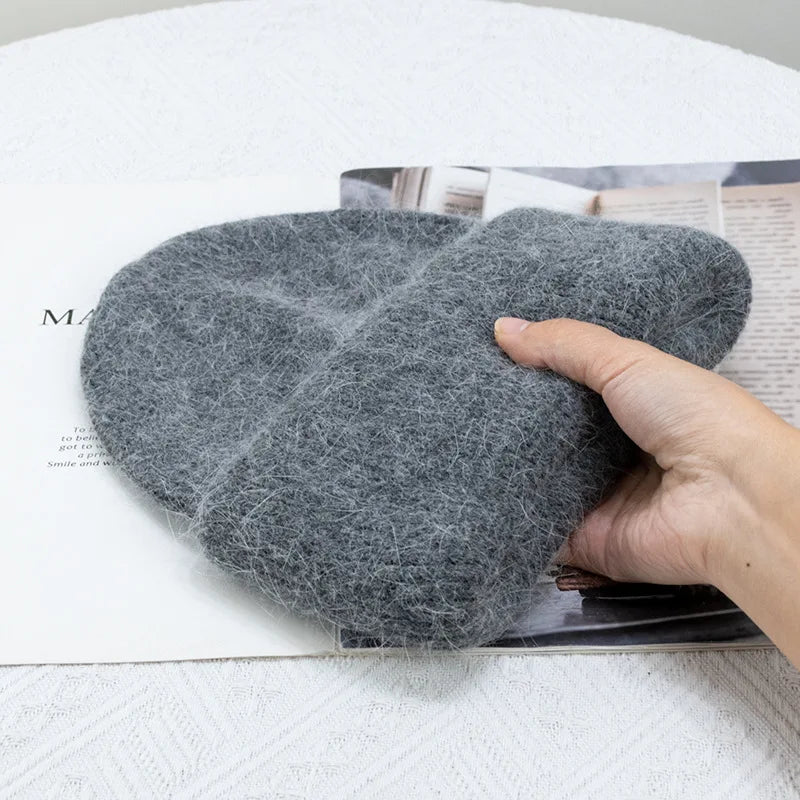 Bonnets d'hiver pour femmes en fourrure de lapin tricotés, bonnets épais à revers, bonnets amples et doux pour le ski.