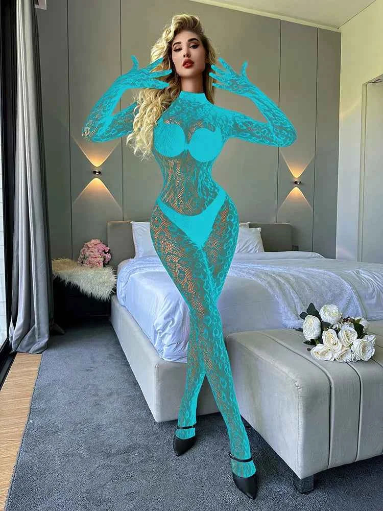 Sexy Lace See Through Bodysuit Long Sleeve Fishnet Jumpsuits Elastic Night Club Jump Suits for Women Sexy Pole Dancing Overalls