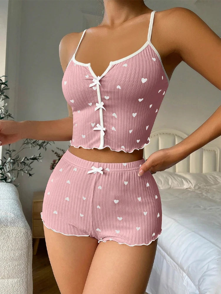 Sleepwear Women Pajamas Set Heart Print Soft Ribbed Fabric with Flirty Frill Trim Casual Cami Top and Shorts Sets Loungewear