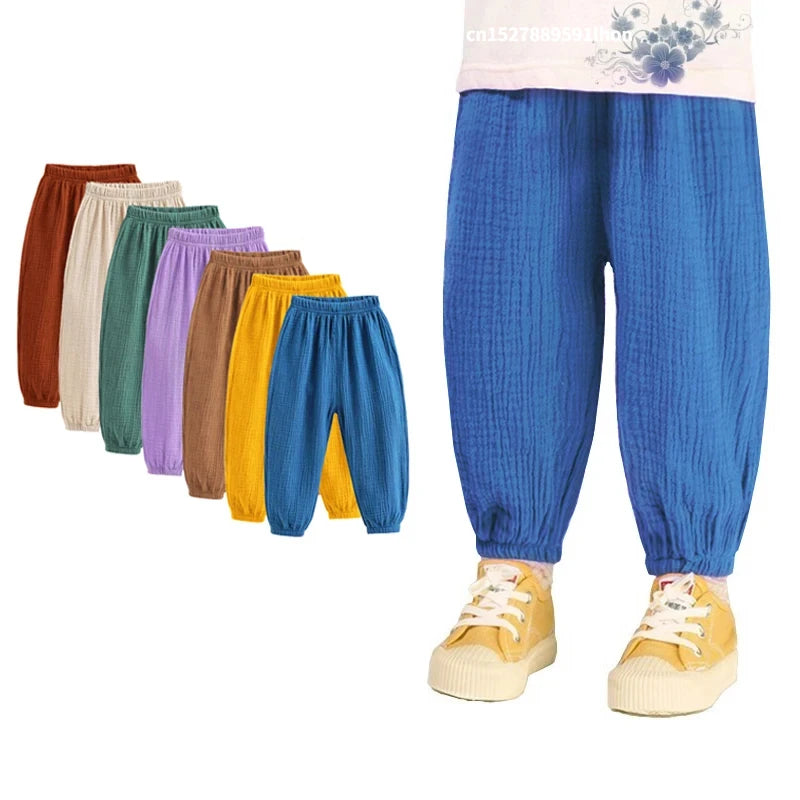 Summer Korea Children Pants Casual Girls Boys Cotton Linen Solid Color Loose Pleated Pant Trousers Girls Hight Waist Harem Pants