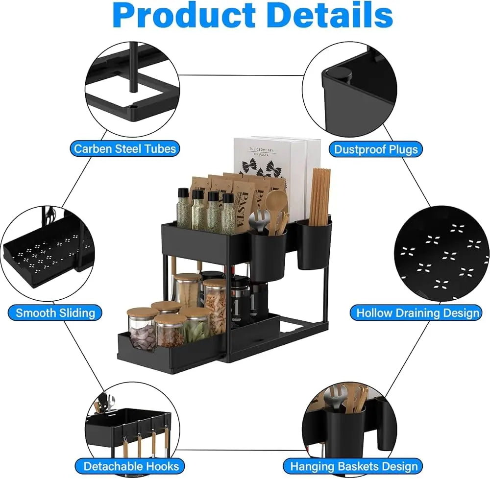 Under Sink Organizers 2 Tier Under Bathroom Cabinet Holder with Hooks & Hanging Cup, Multi-Purpose Storage Shelf for  Kitchen - Shoppiline