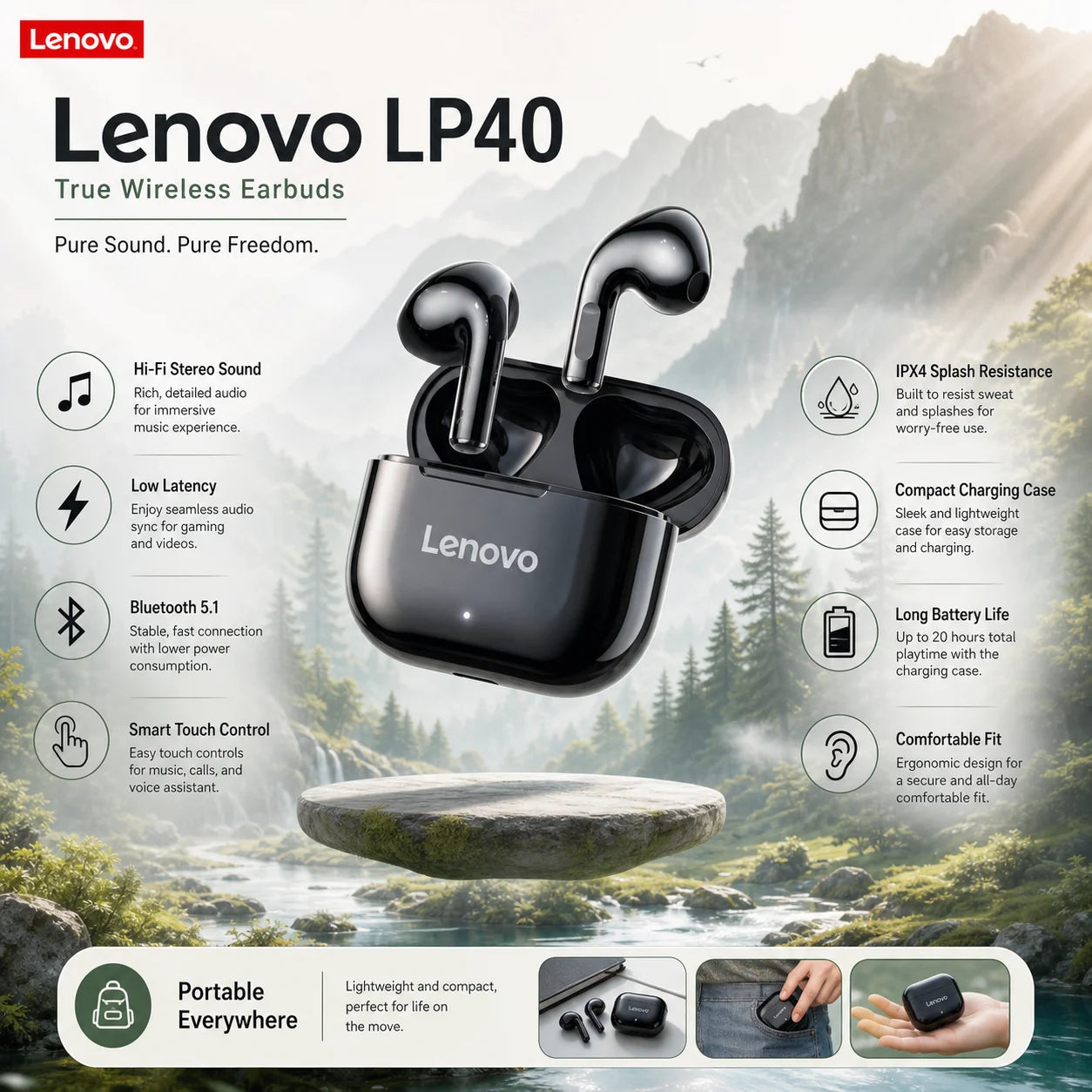 LenovoLP40 Bluetooth Earphones TWS Immersive Sound HIFI With Mic Wireless  Headphones Touch Control HD Call Game Earbuds fashion
