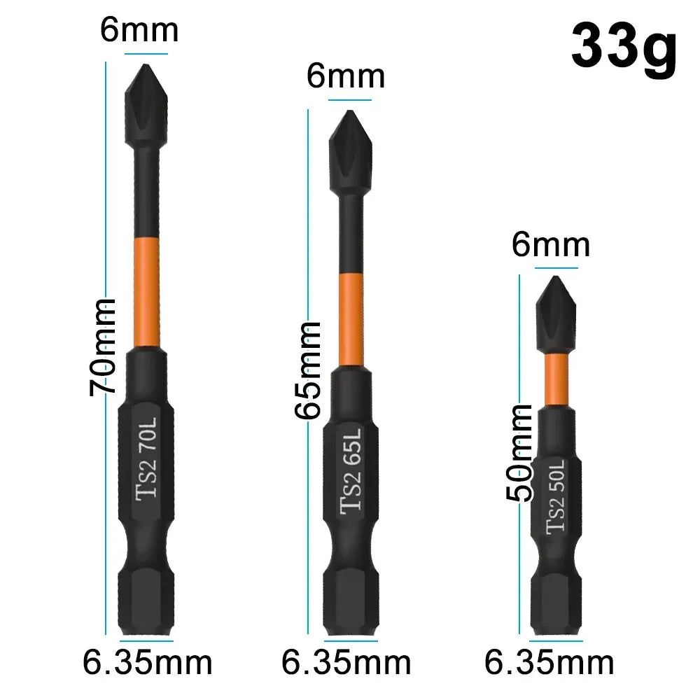 3PCS S2 Impact Strong Magnetic Anti Slip 50-70mm Electric Hand Drill Cross Screwdriver Bit Electric Tool Accessory Set