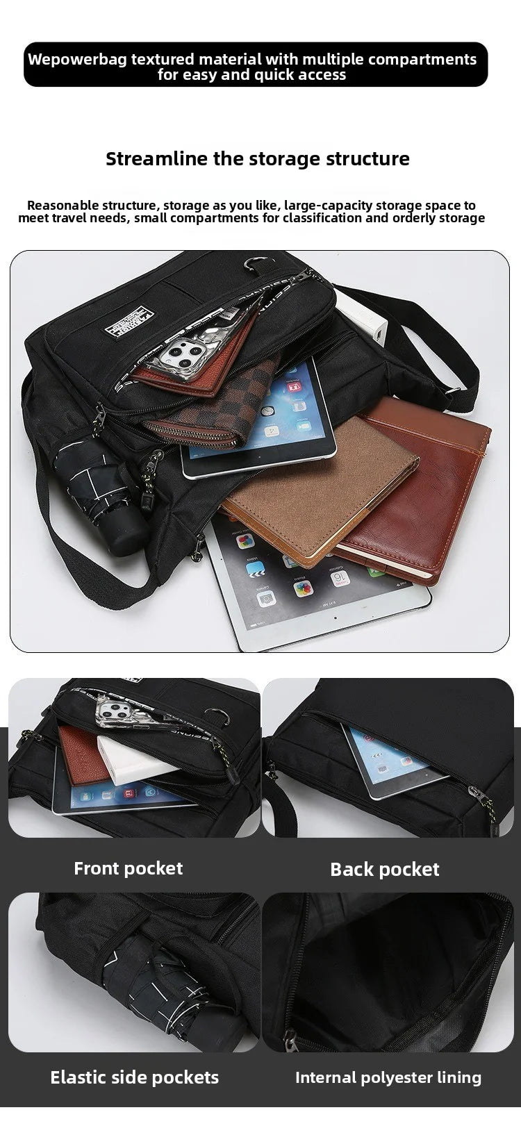 Men's cross-body bag with multi-layered pockets, adjustable shoulder strap, business single-shoulder bag
