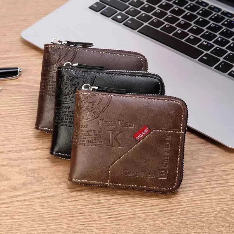 Men's PU Waxed Oil Leather Wallet Short Bifold Coin Purse with All-Around Zipper for Cash And Cards