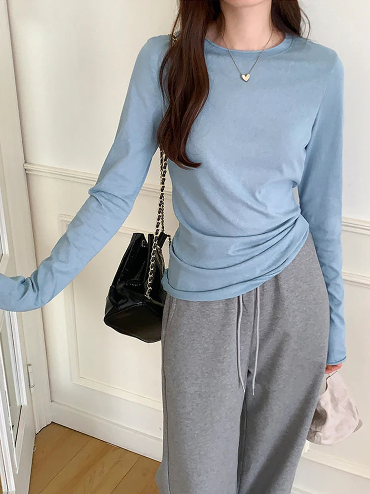 Spring Autumn T shirt Women Tops Solid Long Sleeve Ruched O Neck Tshirts Female Korean Casual Streetwear High Quality Base Tees