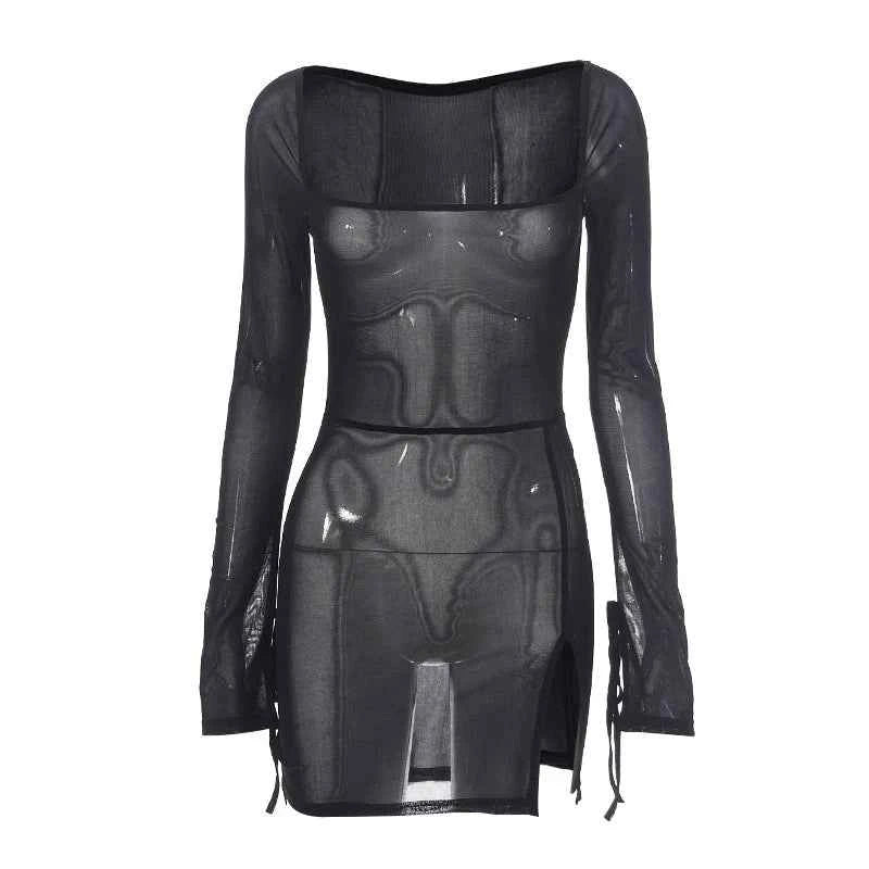 Women's Square Collar Mini Dress Y2K Gauze Long Sleeve Sheer Sexy Night Outfit Clubwear Solid Color