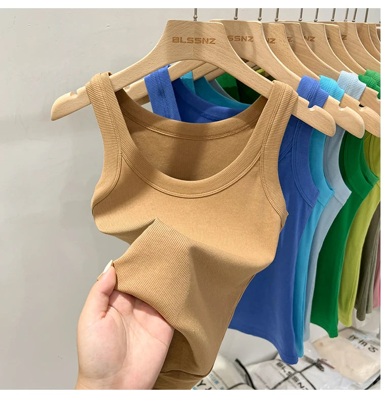 zjaiss Women Solid Round Neck Ribbed Tank Top Camisole Women 2026 Summer Basic Elastic Tank Top O Neck Solid Tank Top