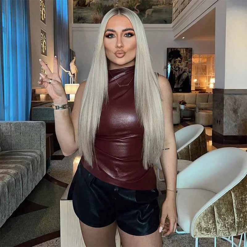 Burgundy Leather Tops Women Fashion Ruched Bodycon Crop Top Summer Sexy Sleeveless Irregular Night Club Party Tanks 2024 Black