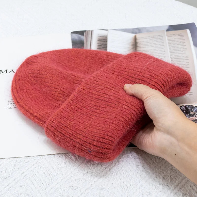 Bonnets d'hiver pour femmes en fourrure de lapin tricotés, bonnets épais à revers, bonnets amples et doux pour le ski.