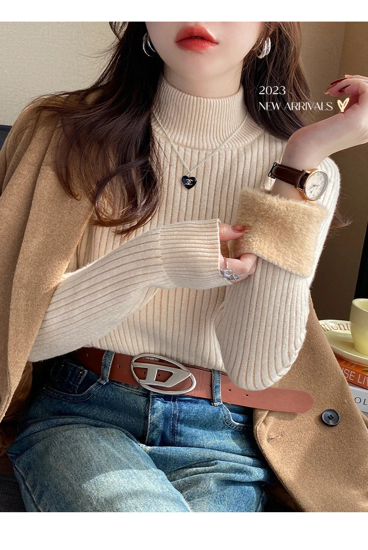 Women's Turtleneck Sweater Winter 2026 Retro with Velvet Lining Thickened Inner Wear Thermal Knitting Bottoming Shirt Pullovers