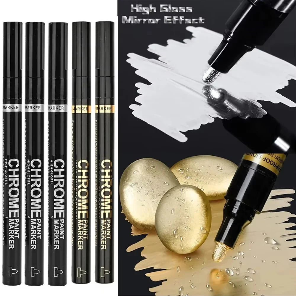 5/1pcs Chrome Pen Marker Mirror Waterproof Paint Repair For Rock Ceramic Glass Metallic Gold/Silver 2mm Nib - Shoppiline