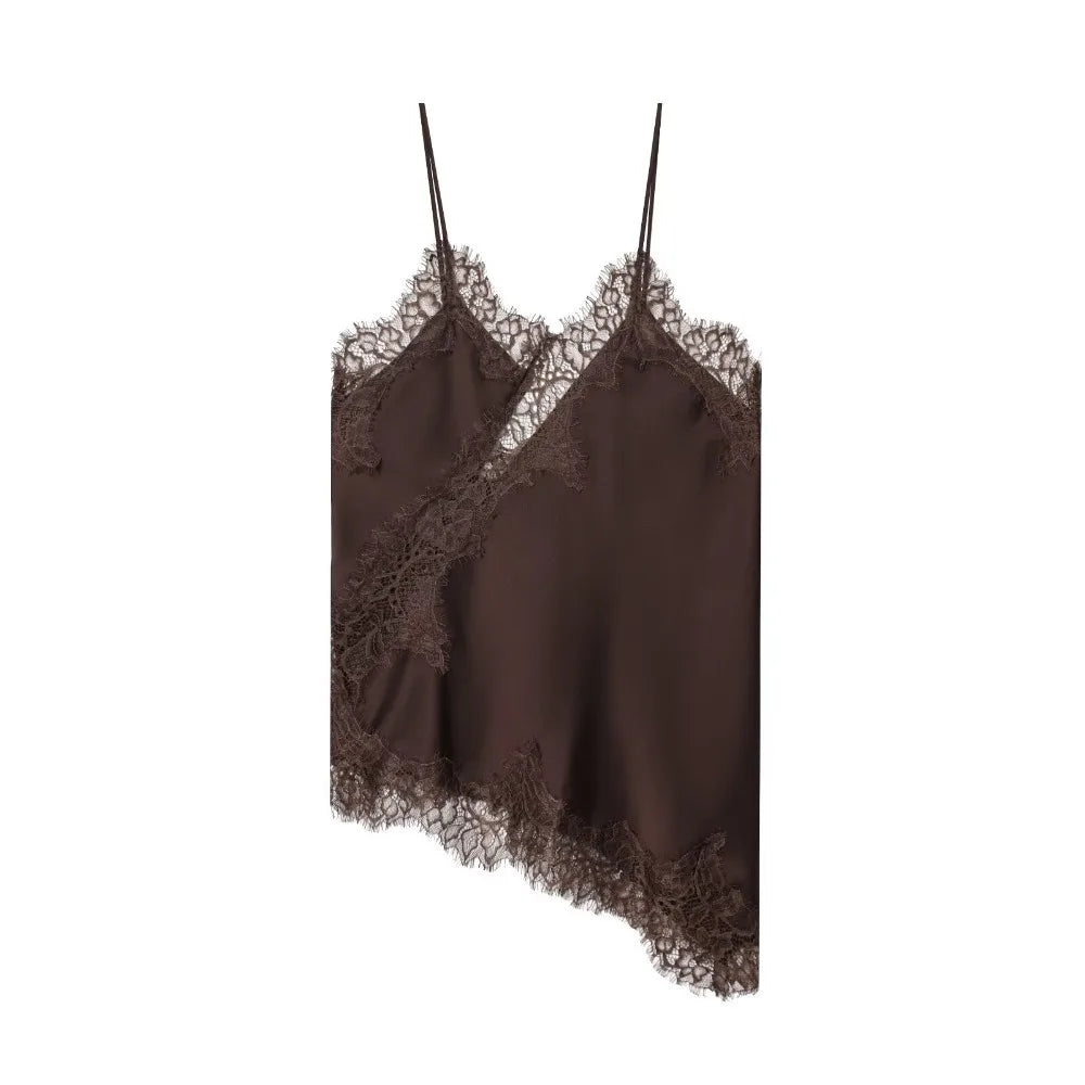 Elegant Asymmetrical Lace Lace Patchwork Top Sleeveless Backless Camisole Tops V Neck Sexy Lace Women tank top Summer Wear
