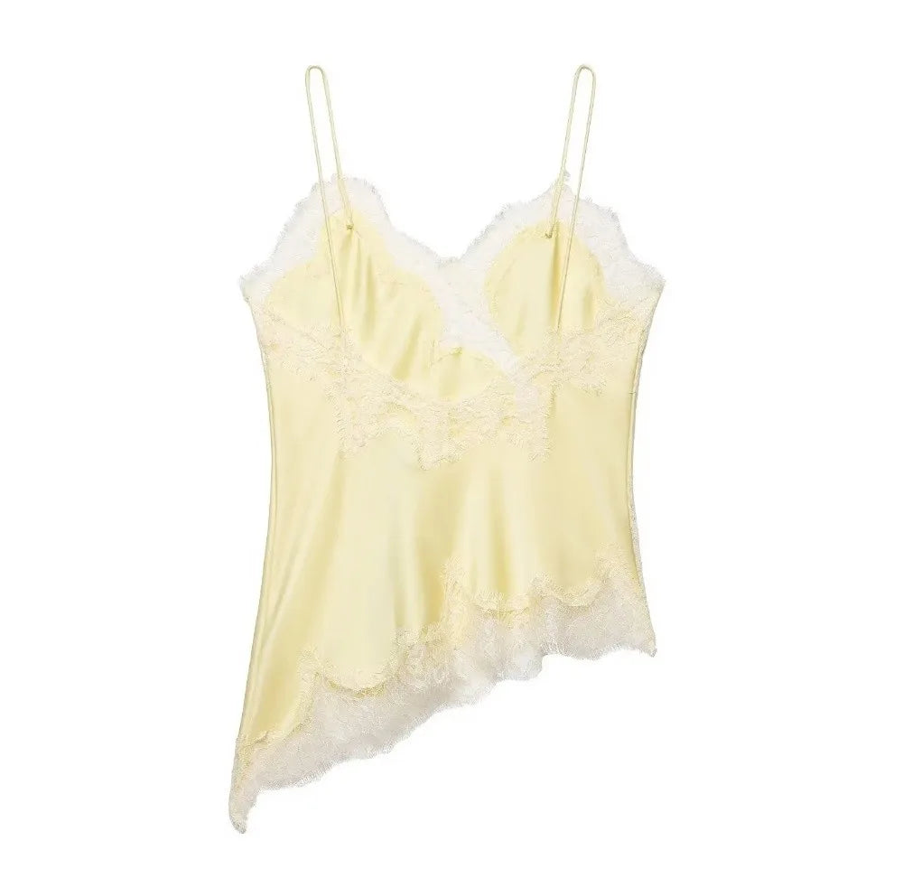 Elegant Asymmetrical Lace Lace Patchwork Top Sleeveless Backless Camisole Tops V Neck Sexy Lace Women tank top Summer Wear