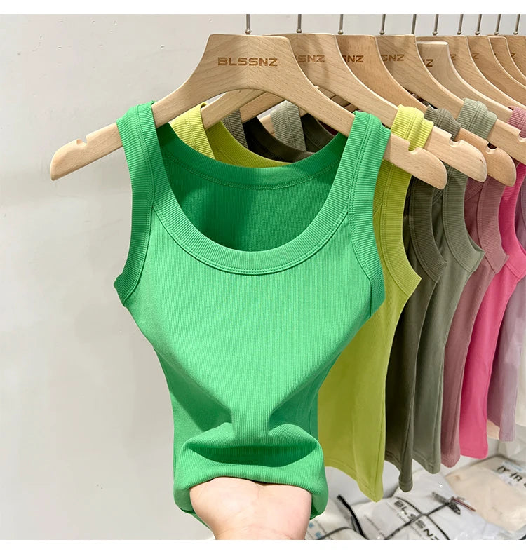 zjaiss Women Solid Round Neck Ribbed Tank Top Camisole Women 2026 Summer Basic Elastic Tank Top O Neck Solid Tank Top
