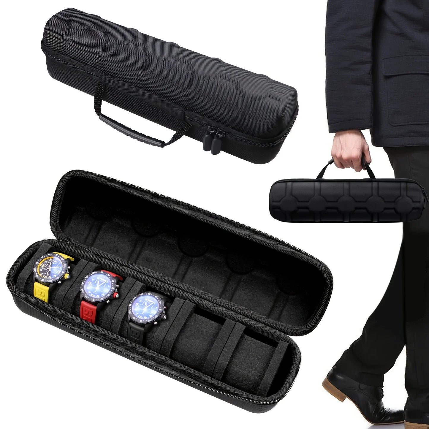 1 Stück 5-Schlitz Uhrenetui | Reise-Organizer mit harter Schale und Kissen-Einlage – bereit zum Verschenken (Schwarz), geeignet zur Aufbewahrung von Smartwatches