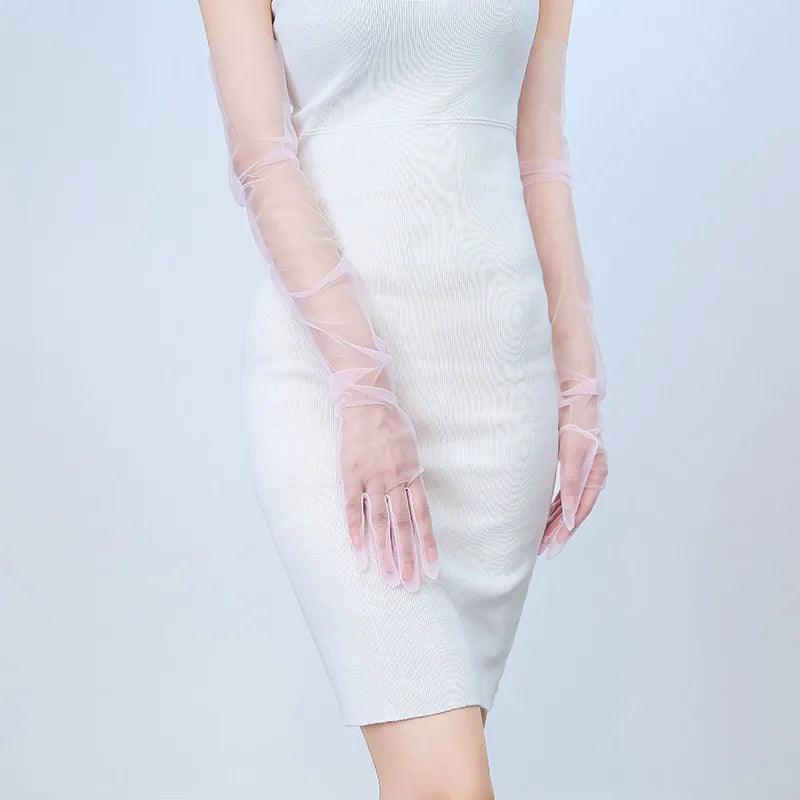 Women Long Sheer Tulle Gloves for Bridal Wedding Accessories Party Transparent Finger Gloves