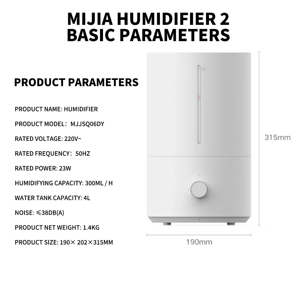Original MIJIA Humidifier 2 300mL/h Humidification 4L Large Capacity Mist Maker Add Water Home Humidity Control Low Sound CN