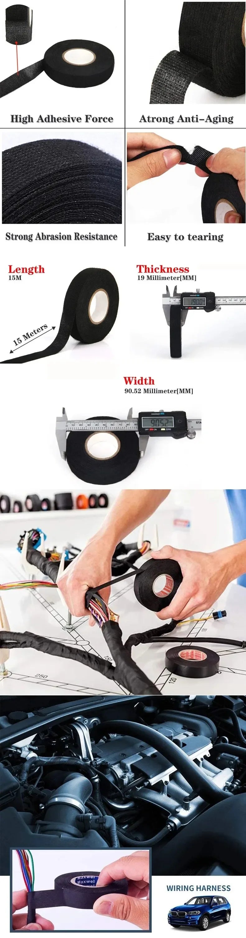 15 Meter Heat-resistant Flame Retardant Tape Coroplast Adhesive Cloth Tape For Car Cable Harness Wiring Loom Protection - Shoppiline