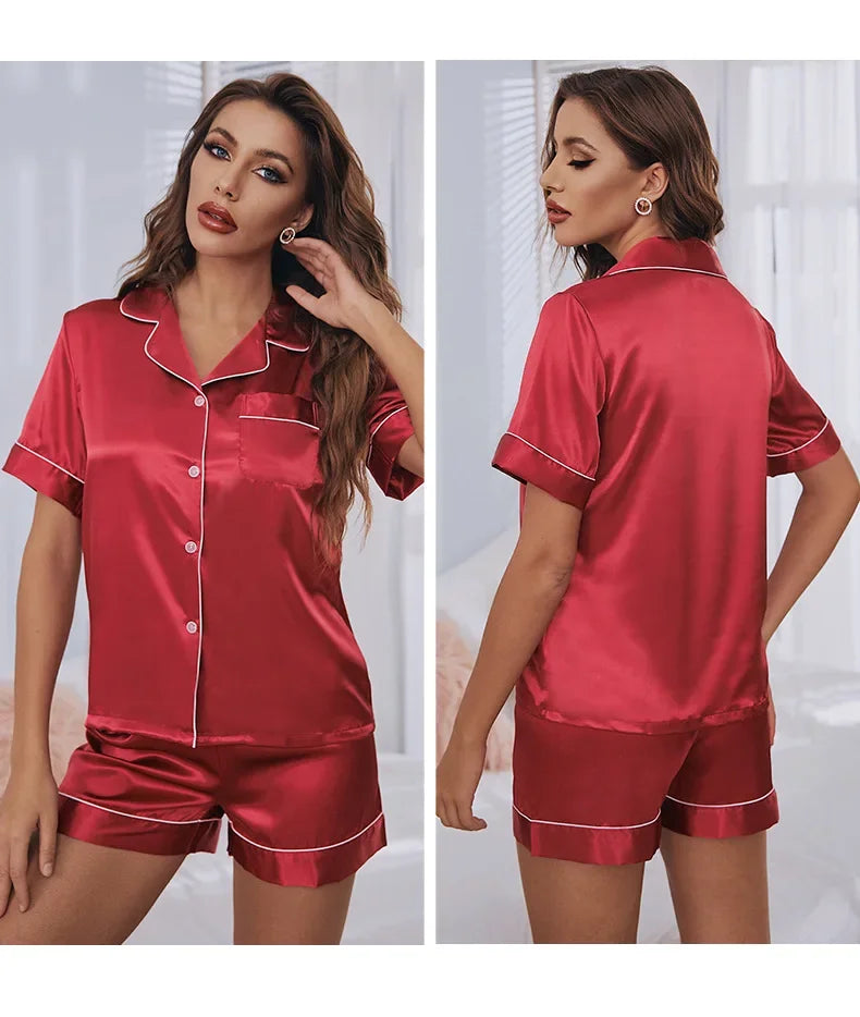 Short Sleeve shorts set ladies home wear women's silk pajamas Ice Silk breathable comfortable top pants set